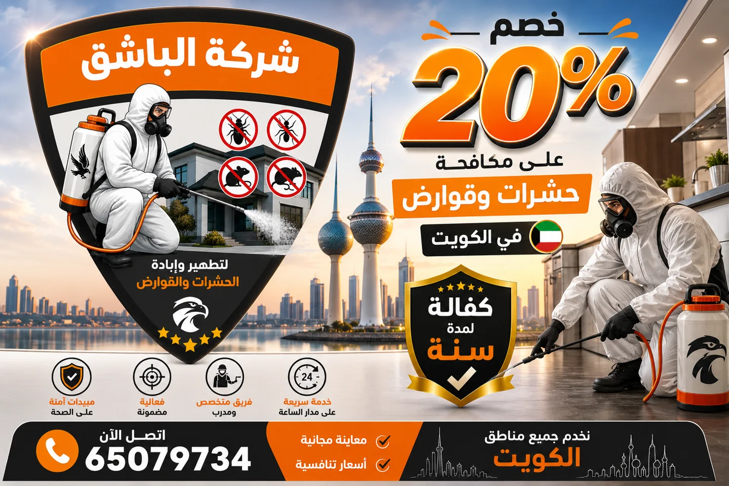 خصم 20% على مكافحة حشرات وقوارض في الكويت | كفالة لمدة سنة